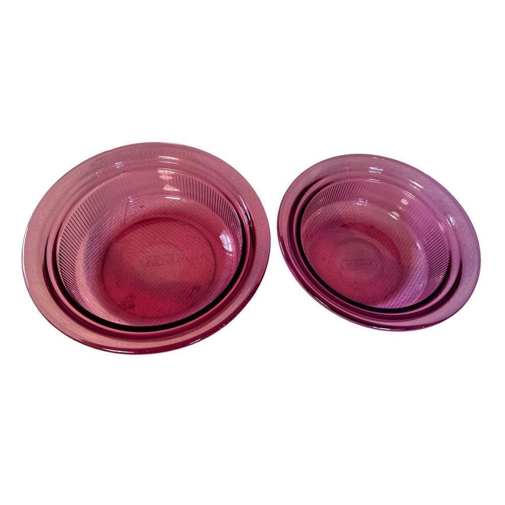 2 Vintage PYREX Cranberry VISIONS Ribbed Casserole Dish 1Qt (V31B) & 24 Oz(V30B)